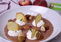 Soupe de pêches glacée, streusel pistache, tuiles et pêches caramélisées - Régal'in