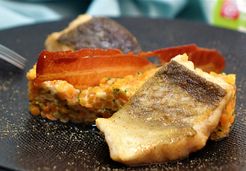 Risotto de lentilles corail à la coco, cabillaud poêlé et chips de lard - MARQUE REPERE